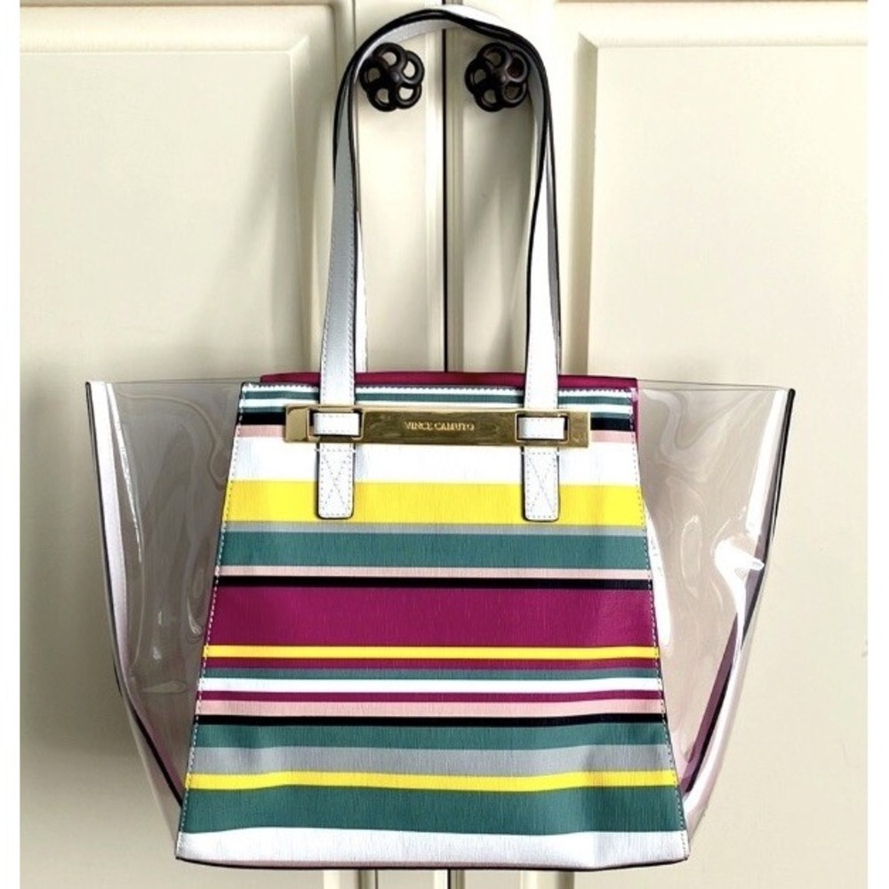 Vince Camuto Boadi Tote Bag Pink Combo Color Striped Shoulder Purse Clear NWT